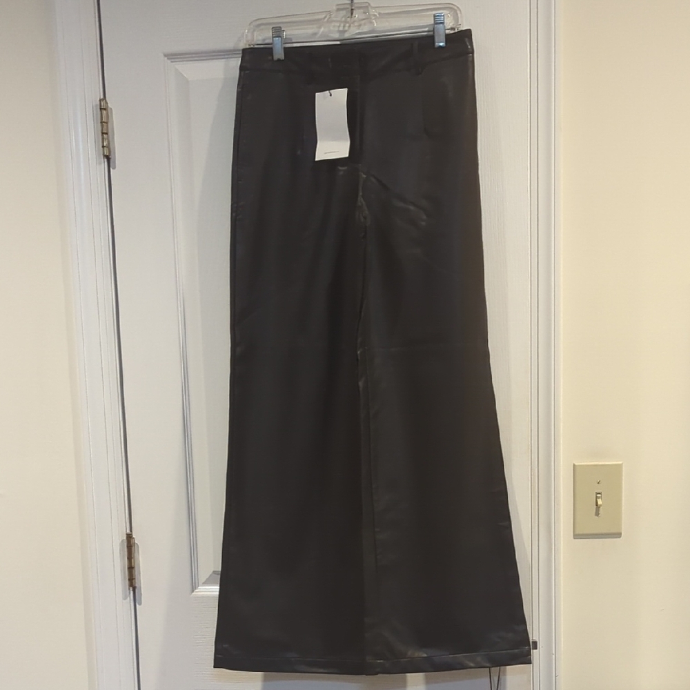 Black Wide Leg Faux Leather Pants, NWT, M